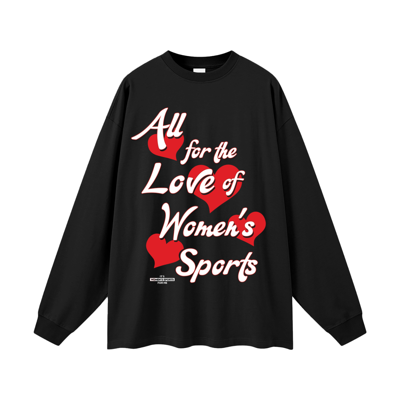 Black sweatshirt with red hearts and white text on a white background