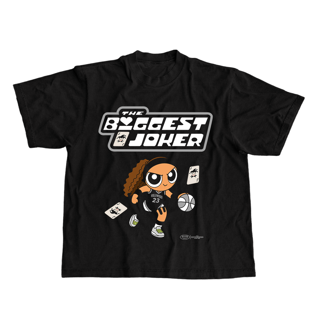 Black t-shirt with cartoon character and 'The Biggest Joker' text on a white background