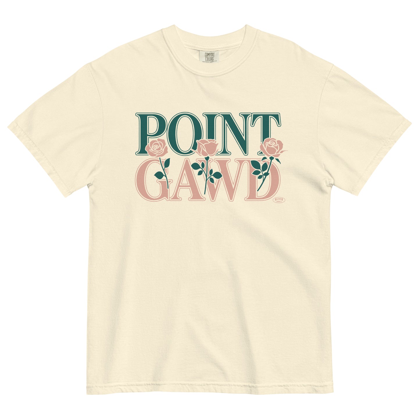 Beige t-shirt with 'POINT GAWD' text and floral graphics on a white background