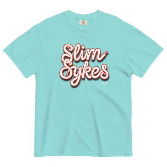 Light blue t-shirt with 'Slim Sykes' text in red on a white background