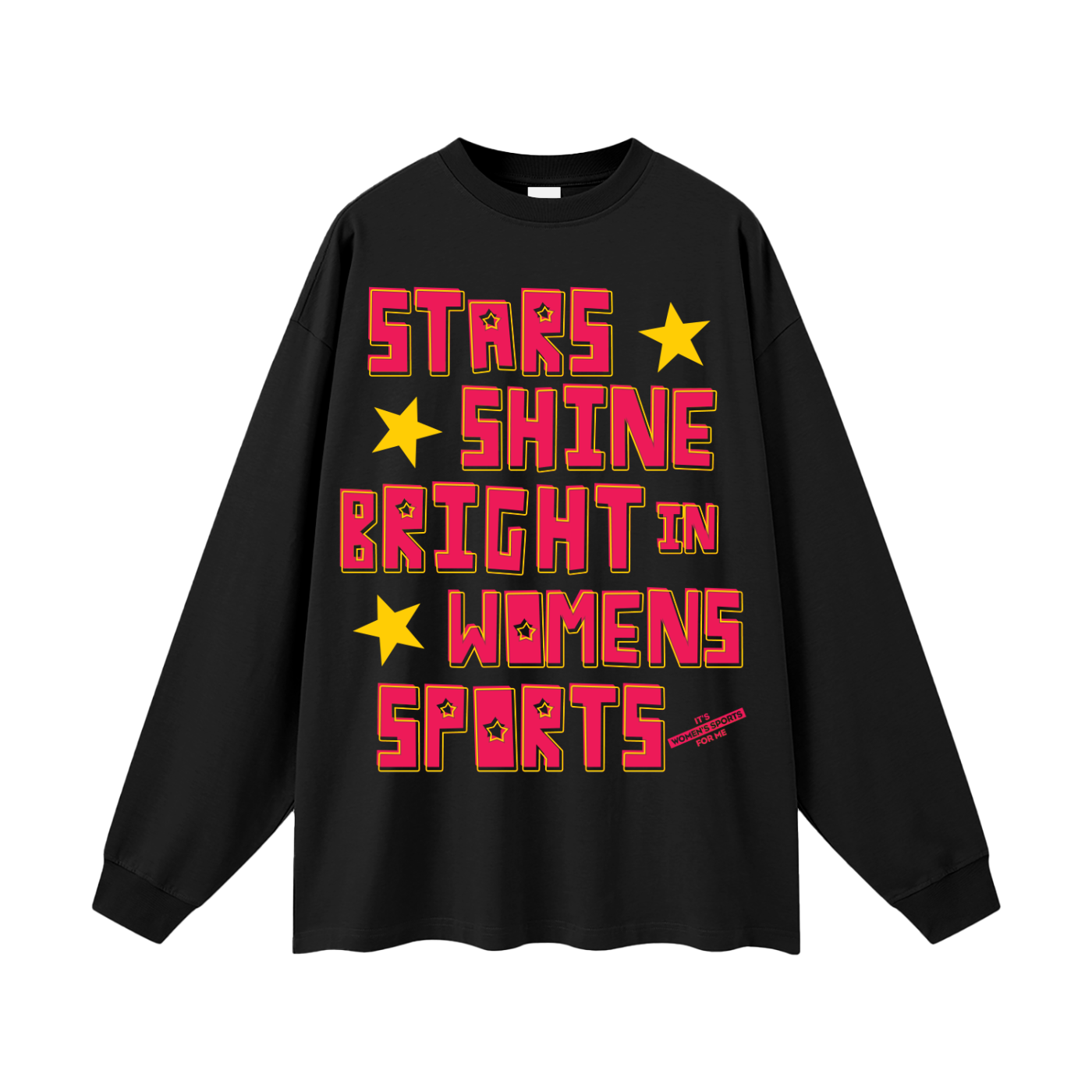Black long-sleeve shirt with red and yellow text and stars on a white background