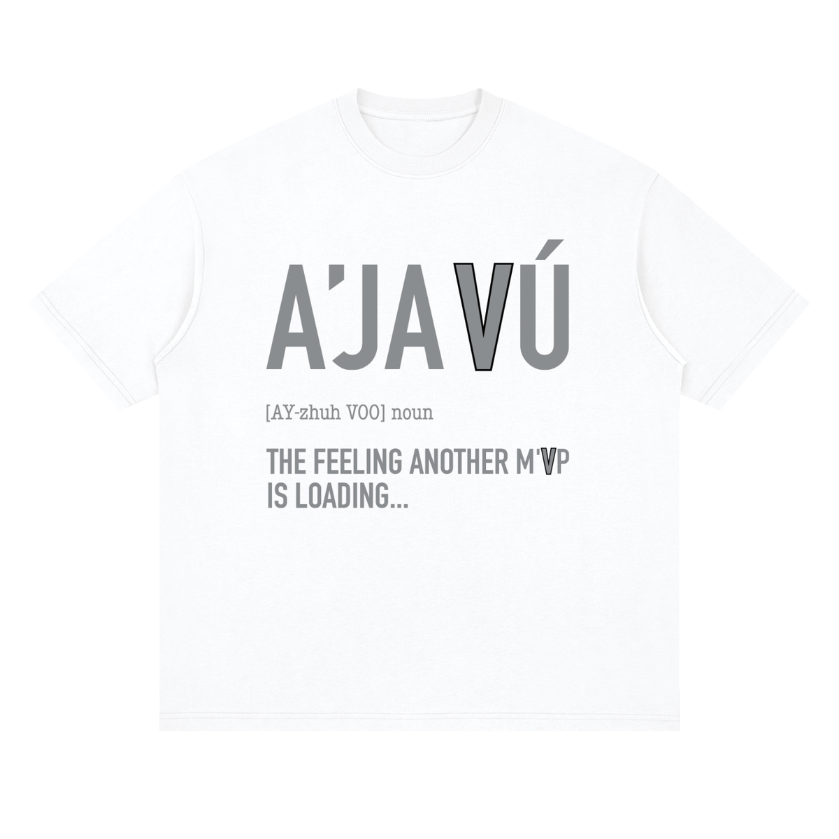 A white short-sleeve crewneck t-shirt with a humorous graphic print. The design features the text 'A'JAÑU' in large gray letters, followed by a phonetic pronunciation '[AY-zhuh WOO]' and the phrase 'THE FEELING ANOTHER MWP IS LOADING.