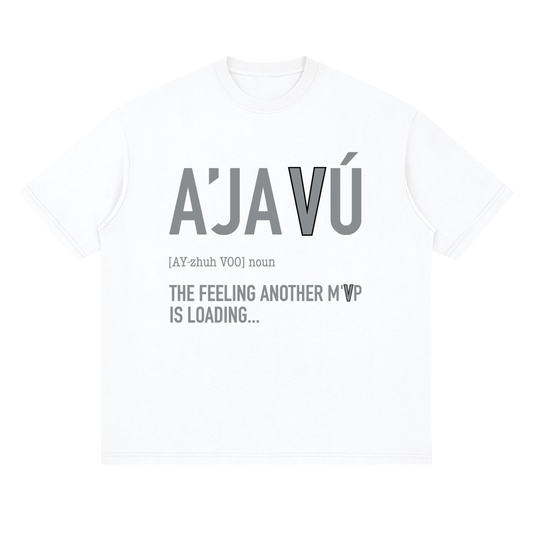 A white short-sleeve crewneck t-shirt with a humorous graphic print. The design features the text 'A'JAÑU' in large gray letters, followed by a phonetic pronunciation '[AY-zhuh WOO]' and the phrase 'THE FEELING ANOTHER MWP IS LOADING.