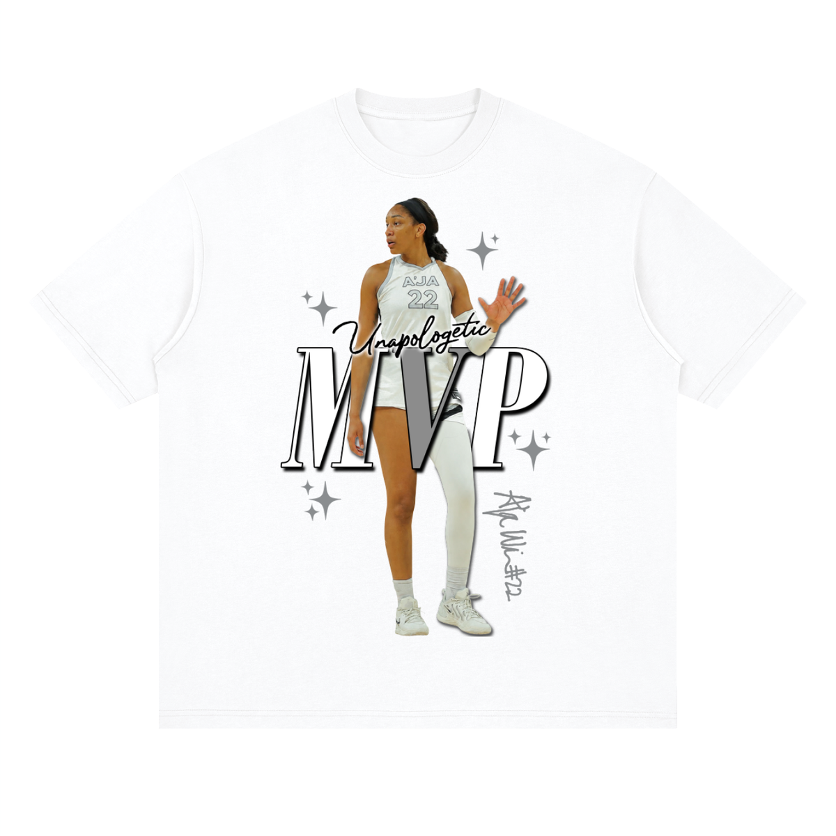 A white short-sleeve crewneck t-shirt featuring a graphic print of a female basketball player in a white uniform, surrounded by the text 'Unapologetic MVP' and 'AIP-UV-32' with small silver star accents.