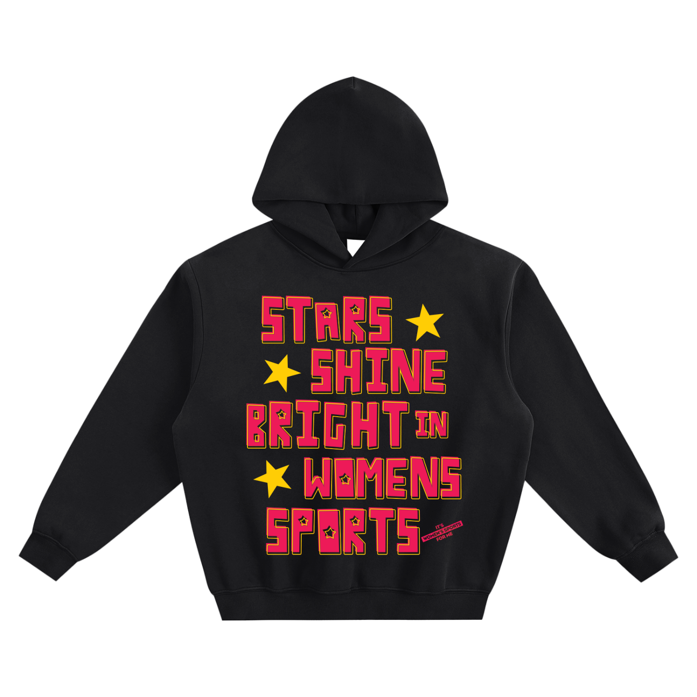 Black hoodie with red and yellow text and stars on a white background