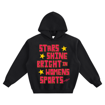 Black hoodie with red and yellow text and stars on a white background