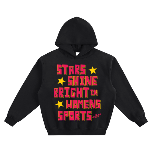 Black hoodie with red and yellow text and stars on a white background
