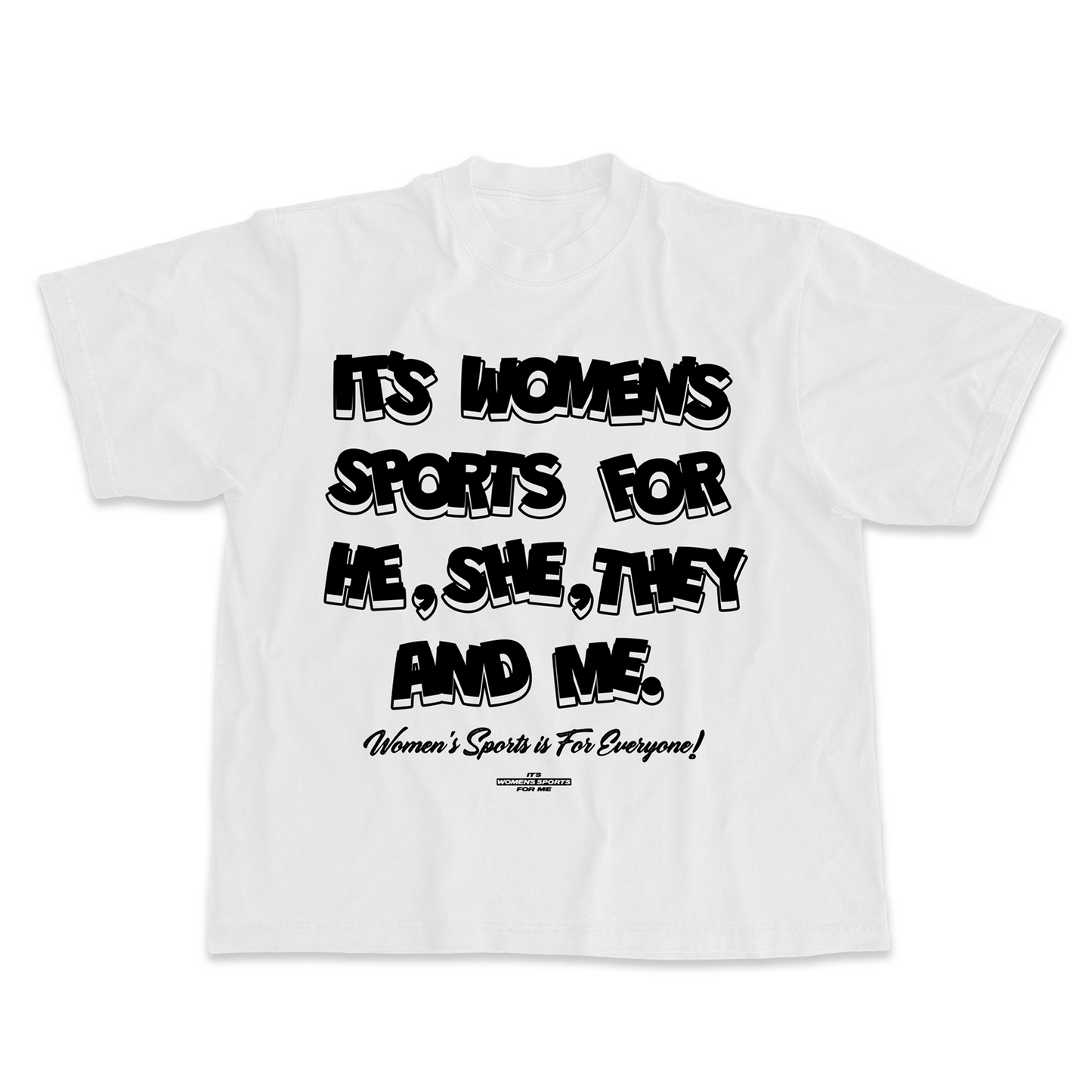 White t-shirt with black text on a white background