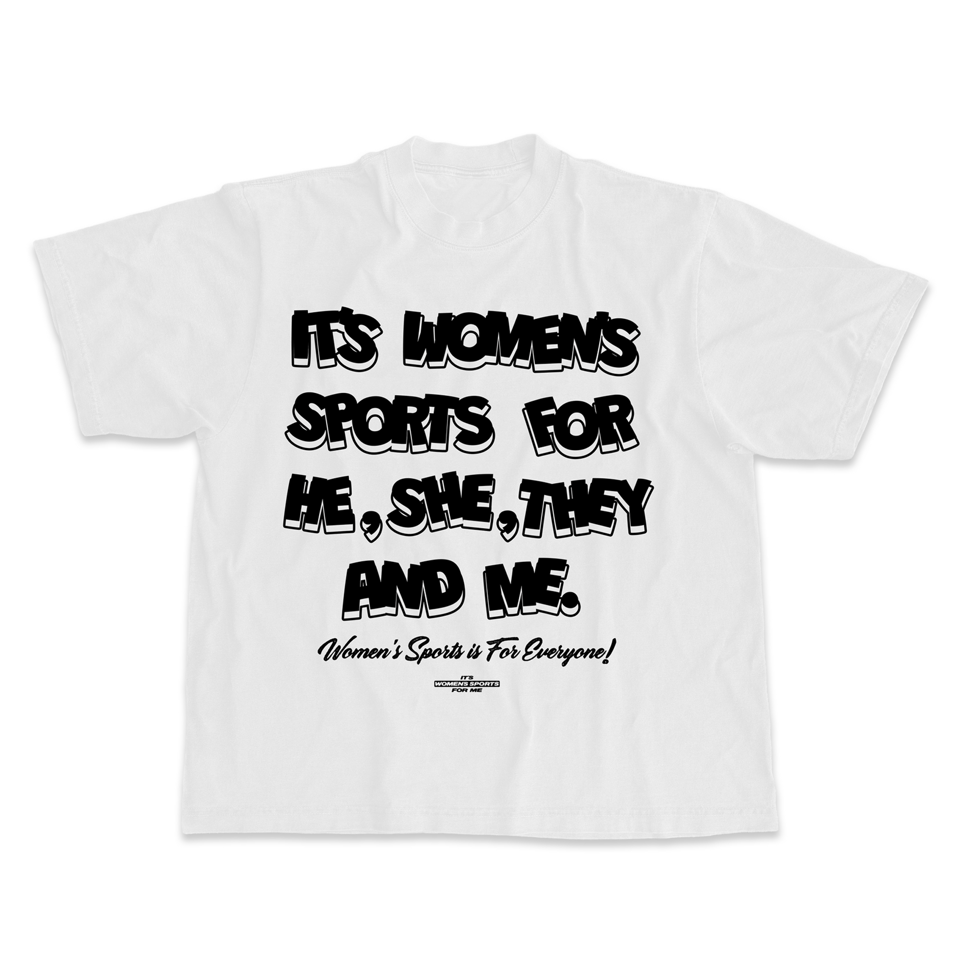 White t-shirt with black text on a white background
