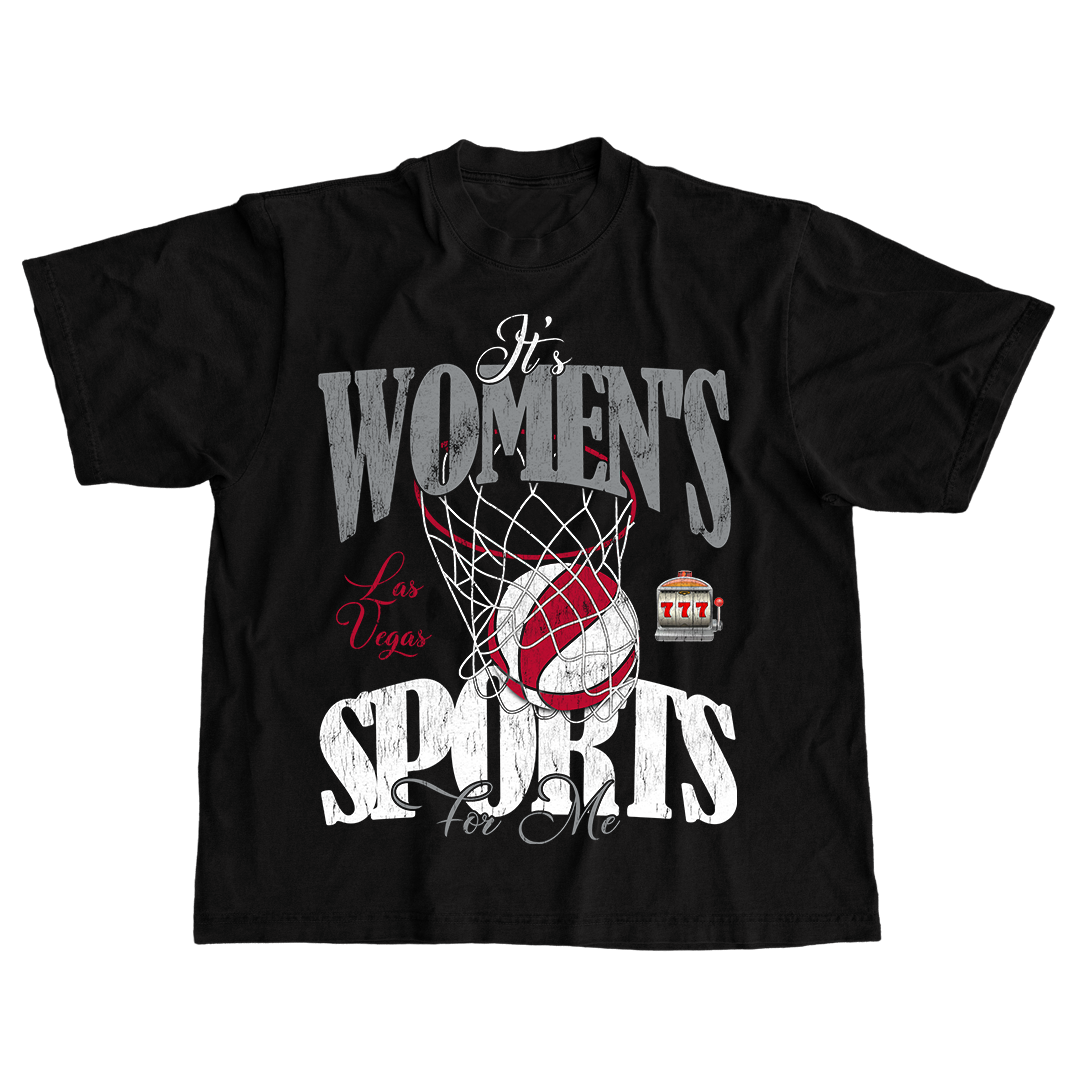 Black t-shirt with sports-themed design on a white background