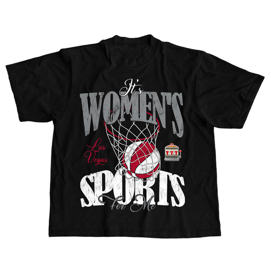 Black t-shirt with sports-themed design on a white background