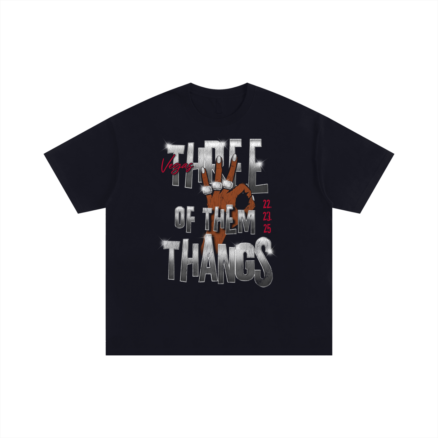 Black t-shirt with graphic design and text on a white background