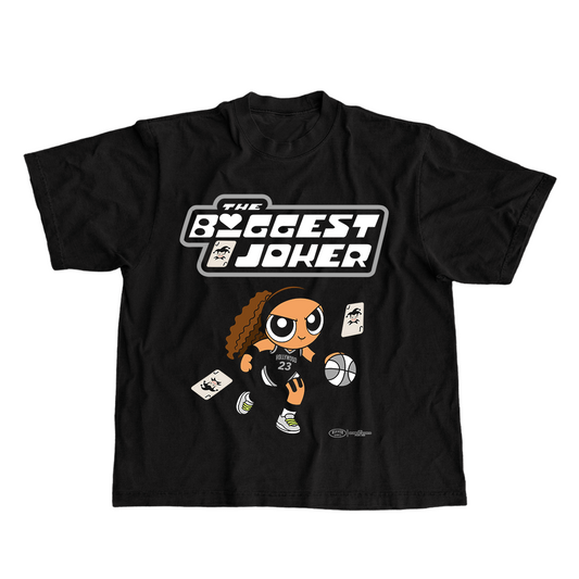 Black t-shirt with cartoon character and 'The Biggest Joker' text on a white background