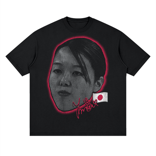 A black short-sleeve crewneck t-shirt featuring a graphic print of a grayscale portrait of Yuki Muroi, outlined in red with a small Japanese flag and red signature graphic.