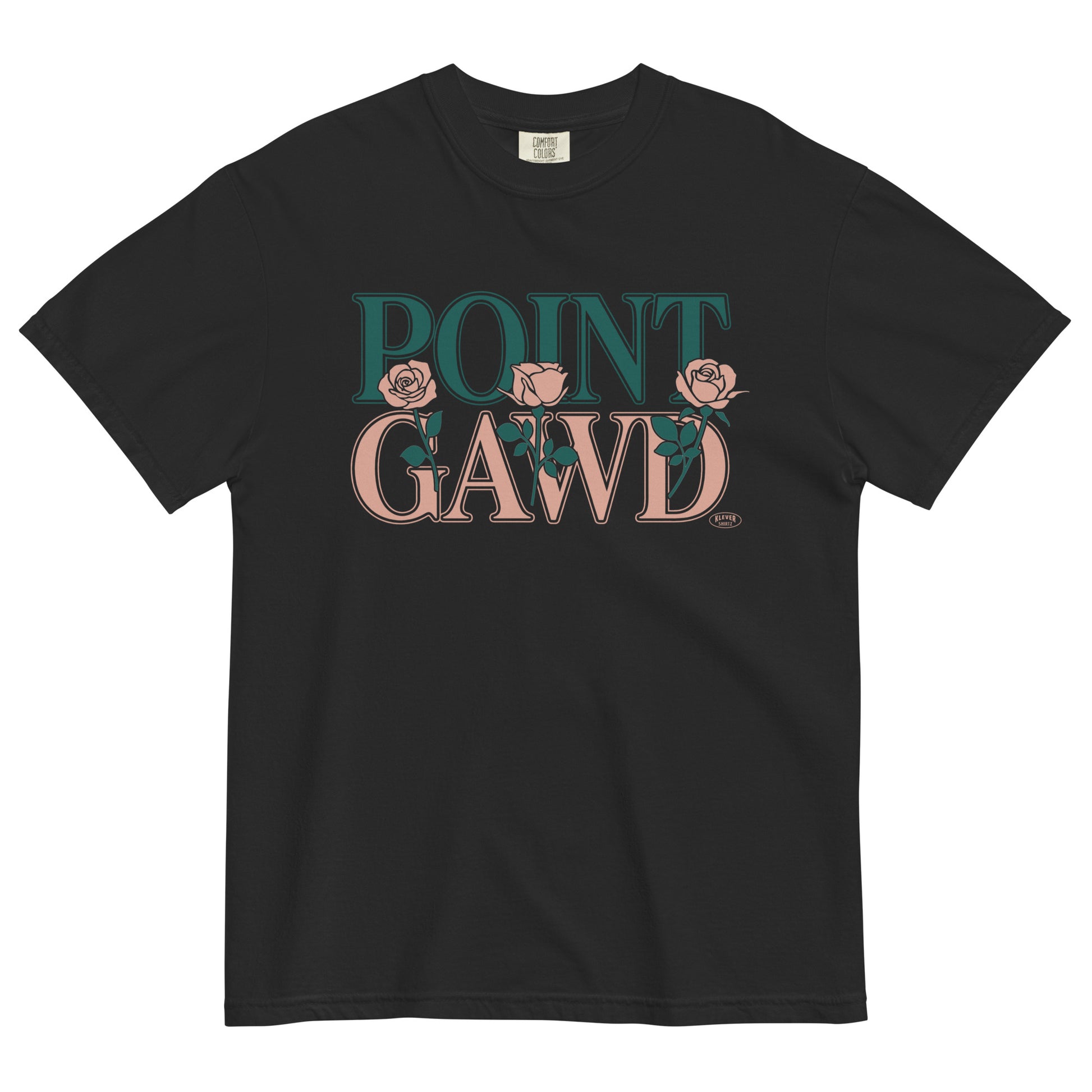 Black t-shirt with 'POINT GAWD' text and roses on a white background