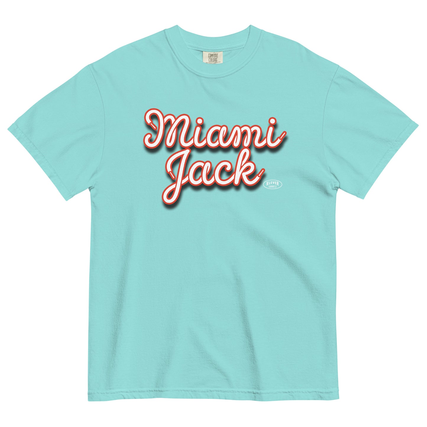 Light blue t-shirt with 'Miami Jack' text on a white background