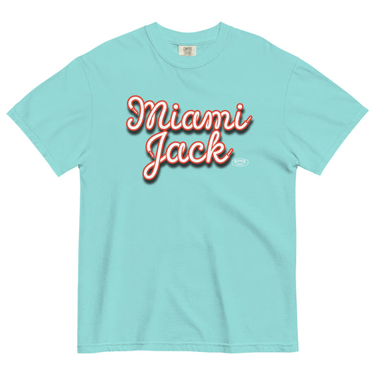 Light blue t-shirt with 'Miami Jack' text on a white background