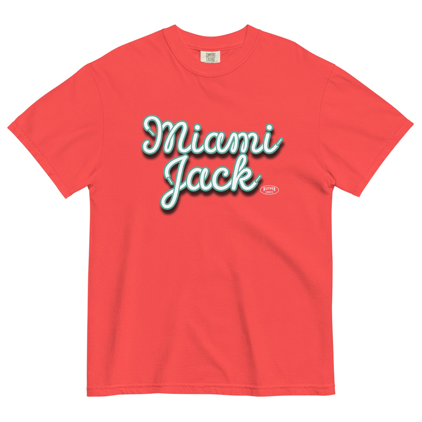 Red t-shirt with 'Miami Jack' text on a white background