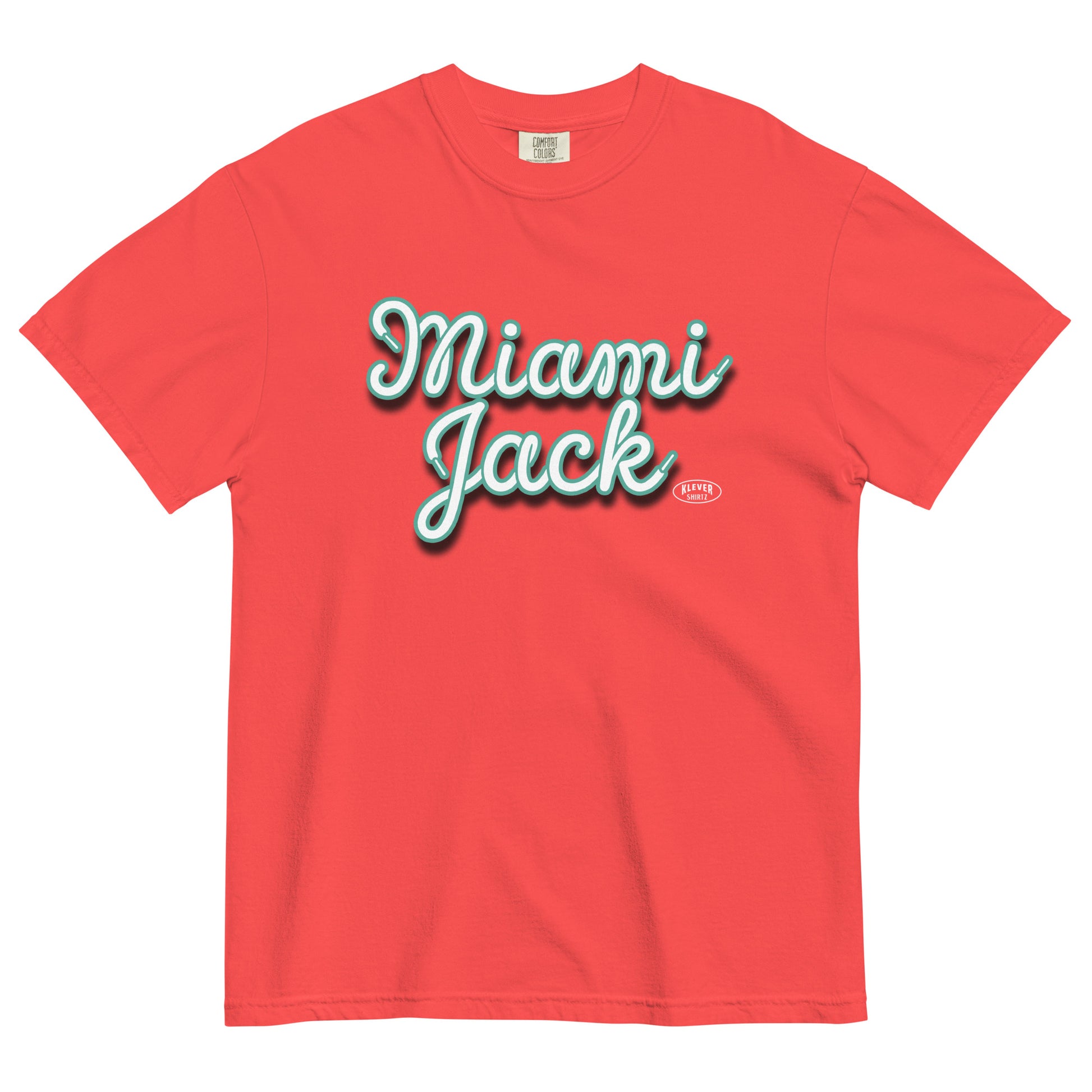 Red t-shirt with 'Miami Jack' text on a white background