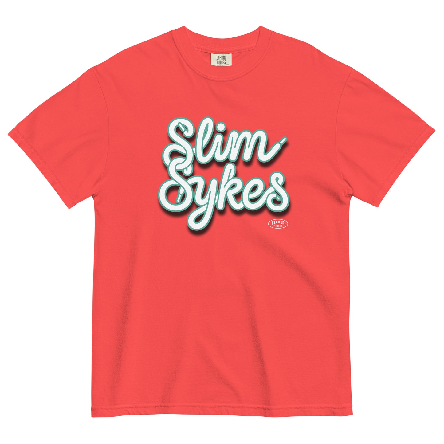 Red t-shirt with 'Slim Sykes' text on a white background