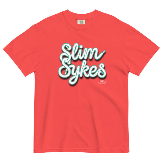 Red t-shirt with 'Slim Sykes' text on a white background